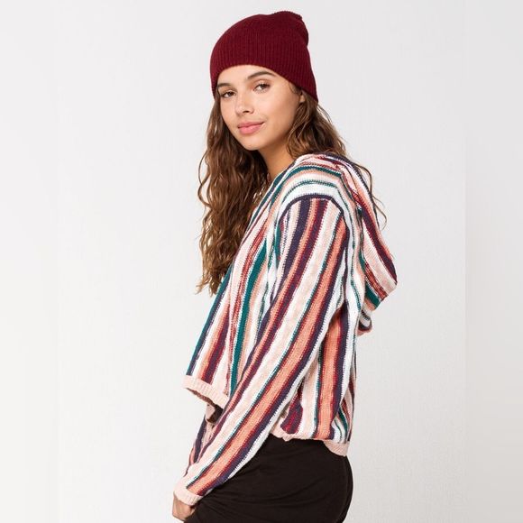 Roxy Tilly’s Exclusive Pink Teal White Red Vertical Striped Hooded Knit Sweater - Picture 2 of 16